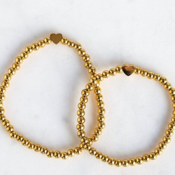 Gold Beaded Stretch Bracelet w/Heart Waterproof Stackable Jewelry Heart Bracelet - Picture 8 of 11